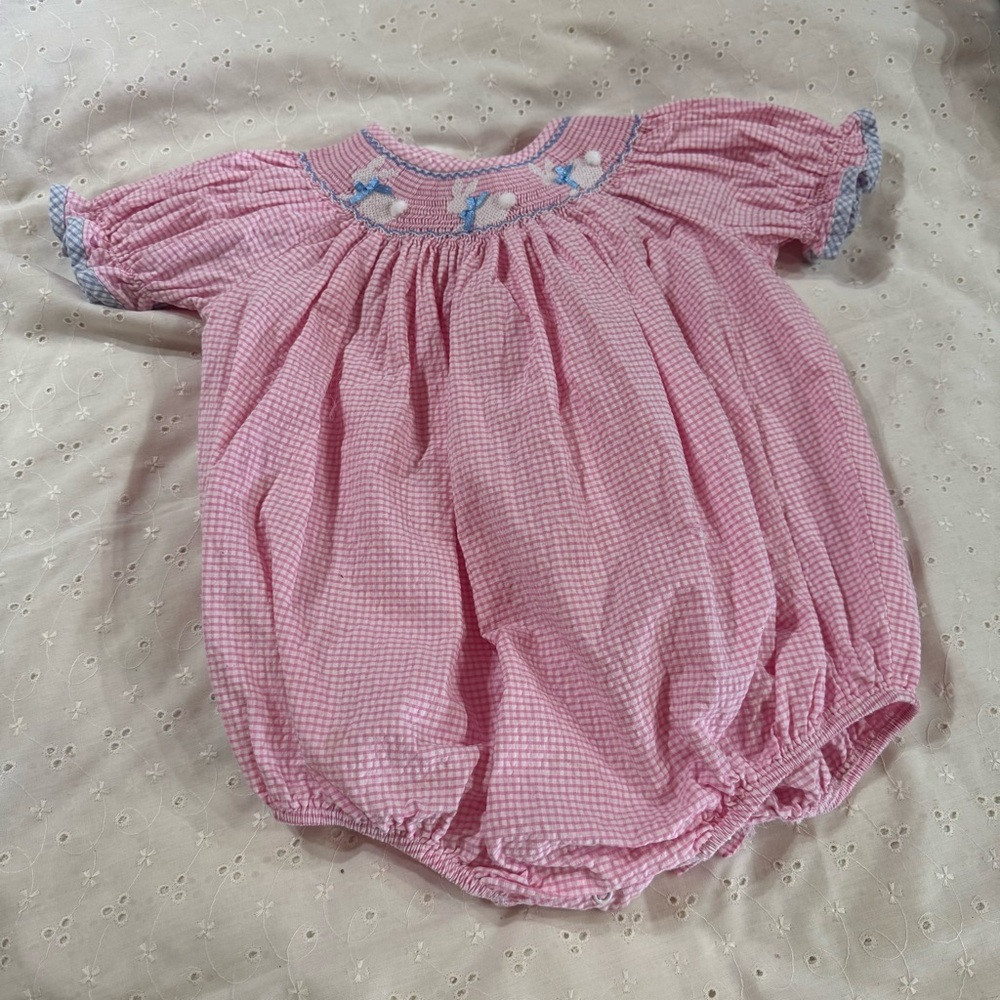 Easter Bunnies Pink Gingham smocked Easter  One Piece